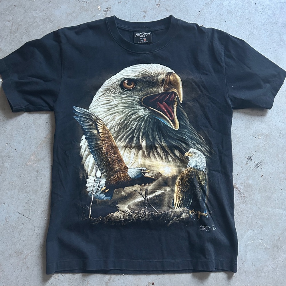 Vintage Rock Chang T-Shirt Men’s Medium Eagle Print Front And Back Hits Black